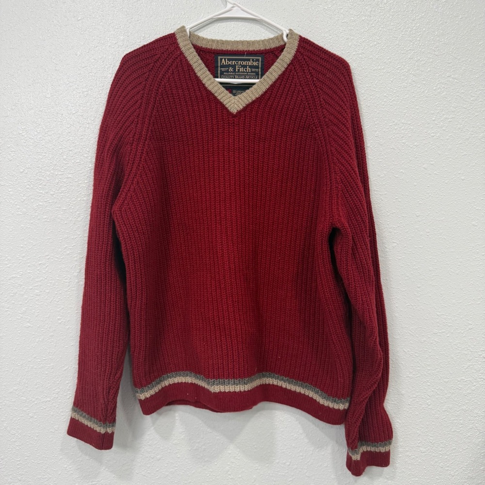 Vintage Abercrombie & Fitch Lambswool V-Neck Sweater Burgundy Red Mens Small